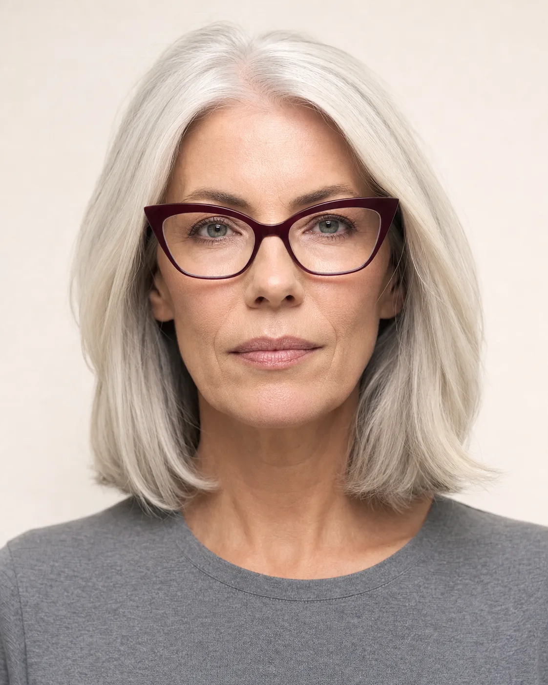 Model wearing cat-eye glasses, front view