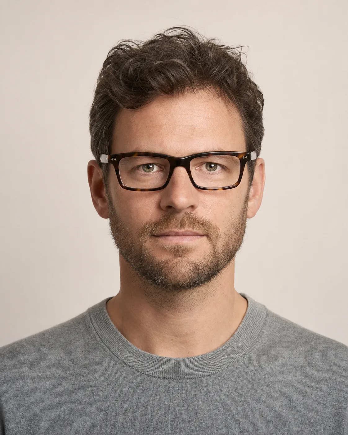 Model wearing rectangle glasses, front view