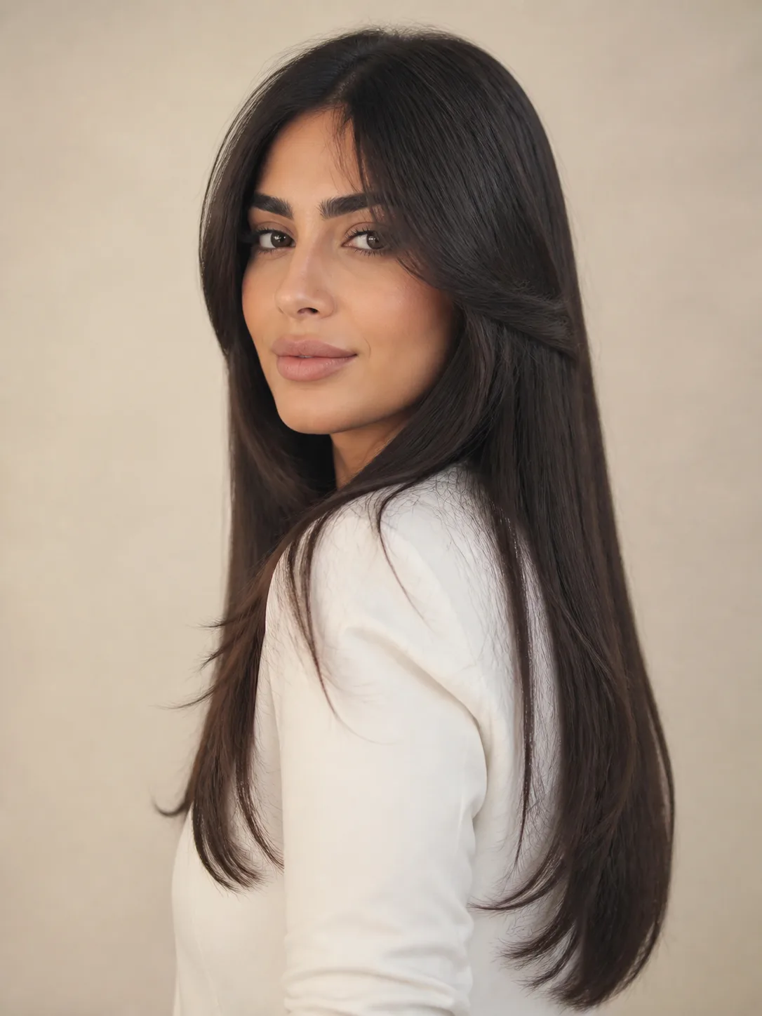 Editorial portrait showing long face framing layers