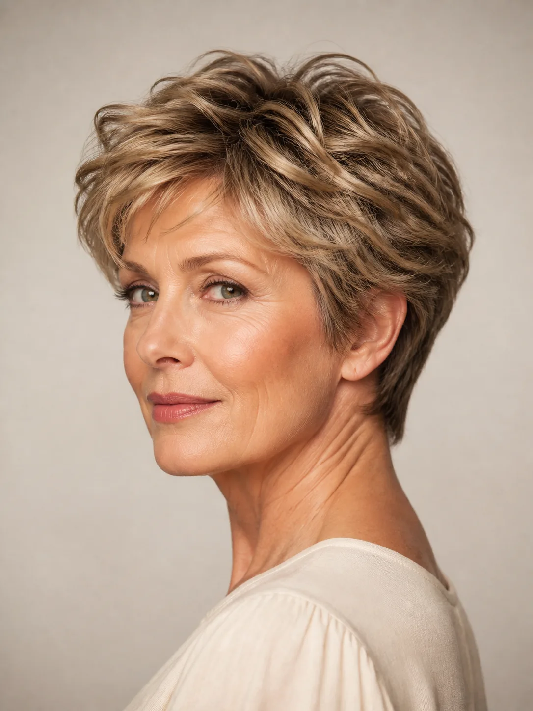 Editorial portrait showing a softly waved bixie cut
