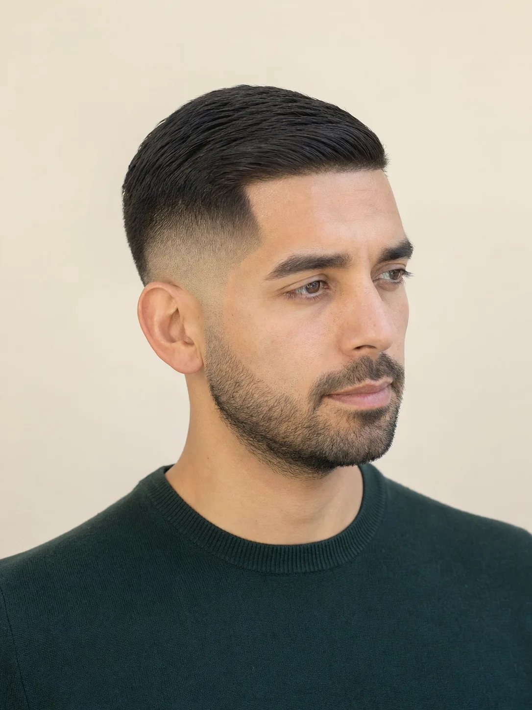Editorial portrait of a side part with a taper fade, showing the jawline