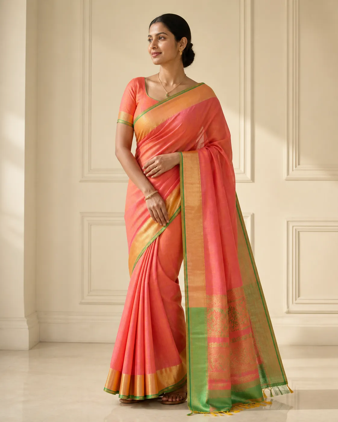 Editorial portrait showing a warm colour drape beside the face
